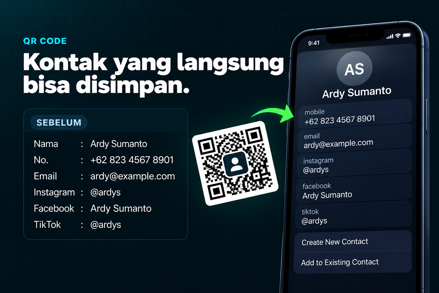 Contoh BOS-QR untuk membuat kontak yang siap disimpan ke HP